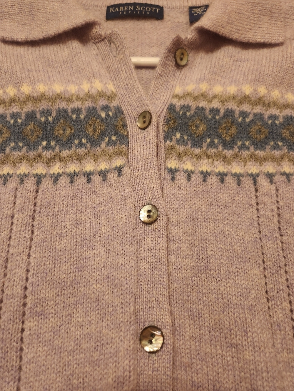 Karen Scott Button-Up Sweater/Cardigan, 100% Wool, Lilac & light blue, Size:  PS - Picture 6 of 7